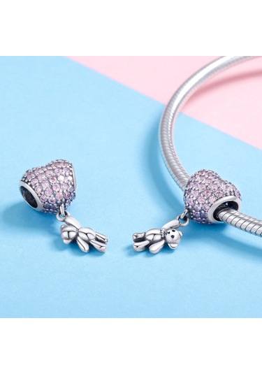 S925 Ayar Gümüş Ayı Balon Kalp Şeklinde Kakma Zirkonyum Pırlanta Dıy Boncuk Bilezik Aksesuarları, Stil: Boncuk Çok Renkli