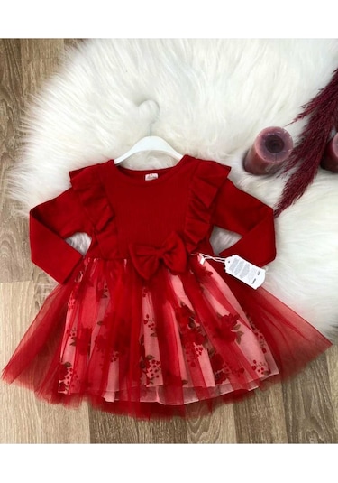 Kız Çocuk Çiçekli Toz Pembe -kırmızı Tütü Doğum Günü Abiye Prenses Şık Elbise Kırmızı