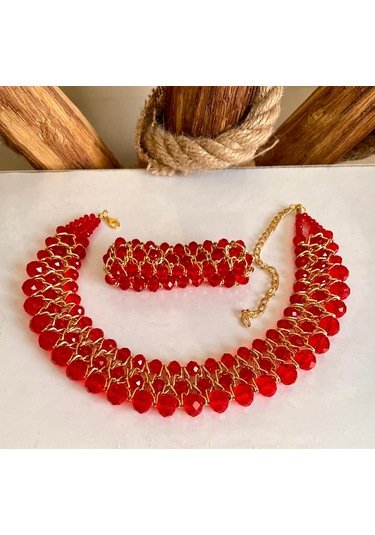 Kırmızı Kristal Taşlı Türk El Yapımı Gerdanlık Kolye Ve Bileklik Kırmızı