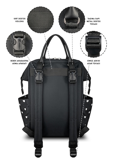 Paris X Pro Kadın Ve Anne Bebek Bakım Sırt Çantası Kalplı Siyah