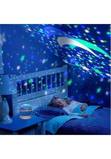 Led Projeksiyon Gece Lambası Dönen Ay Yıldız Led Mavi