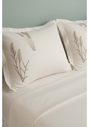 Ekru Willow Breeze Desen Çift Kişilik Nakışlı Yatak Örtüsü Seti