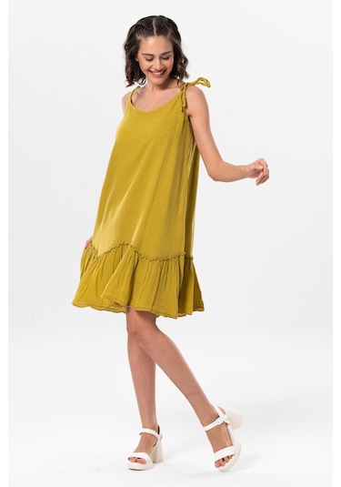 Askılı Serra Volanlı Kısa Yazlık Müslin Elbise Yağ Yeşili Ygysl-yağ Yeşili Yeşil