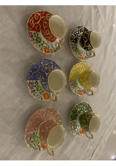 Fermato 12 Parça 6 Kişilik El Boyama Kahve Fincanı Karışık Set 6 Çok Renkli