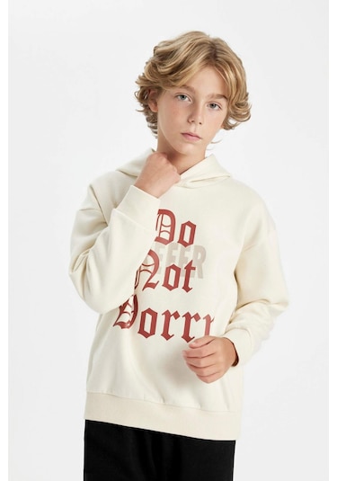 Defacto Erkek Çocuk Oversize Geniş Kalıp Kapüşonlu Yazı Baskılı Kalın Sweatshirt D1908A824WNBG759