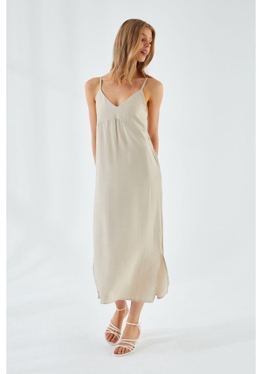 4252 Kadın İp Askılı V Yaka Elbise Taş Taş