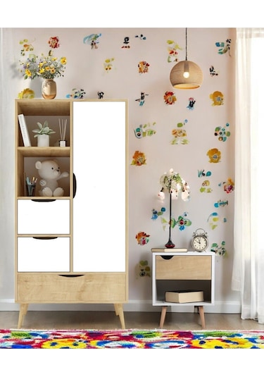 Floradesign Mango Çocuk Odası Takımı 1 Adet Gardırop +1 Adet Komodin Kahve Beyaz