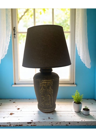 Gold Renk Eskitme Sümer Dekoratif Abajur - Siyah Siyah