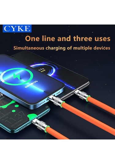 Beemen 120 W Destekli Led'li Çelik Sıvı Silikon 3 İn1 Şarj Kablosu Turuncu