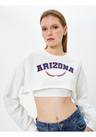 Koton Crop Sweatshirt Baskılı Bisiklet Yaka Uzun Kollu Beyaz 4sak10275ek Beyaz