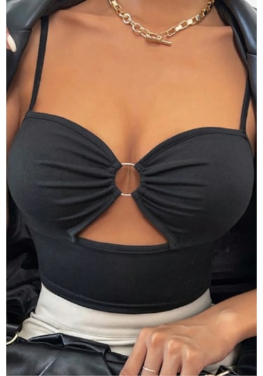 Merry See Aksesuarlı Şık Crop Büstiyer T-shirt Siyah