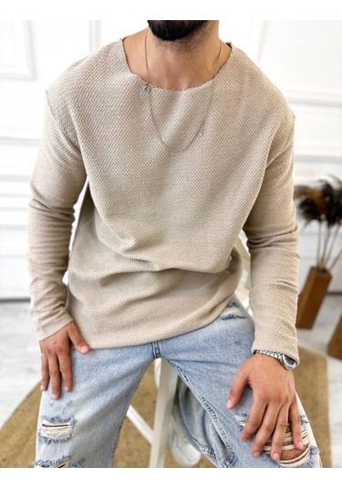 Kazak Oversize Tüylenmez Lazer Kesim Örme Keten Naturel Pamuk Karışımı Sweatshirt Krem