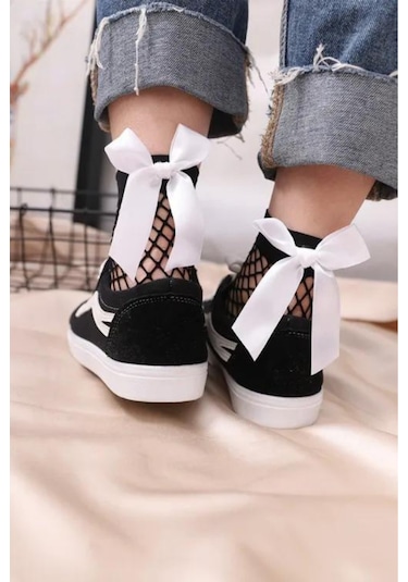 Heleni Kadın File Desenli 3 Çift Fiyonklu Soket Çorap Beyaz - Kırmızı - Siyah