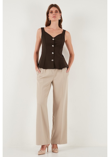 Lela Fitted Fit V Yaka Düğmeli Bayan Yelek 611Fyl145 Kahve