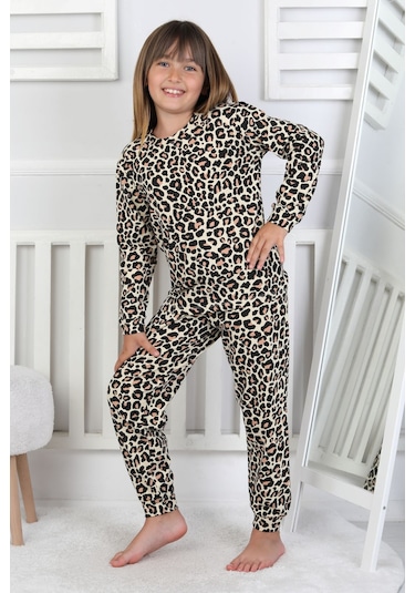 Minik Uyku Avcısı - Vahşi Rahatlık Serisi Leopar Desenli Kız Çocuk Pijama Takımı Sarı