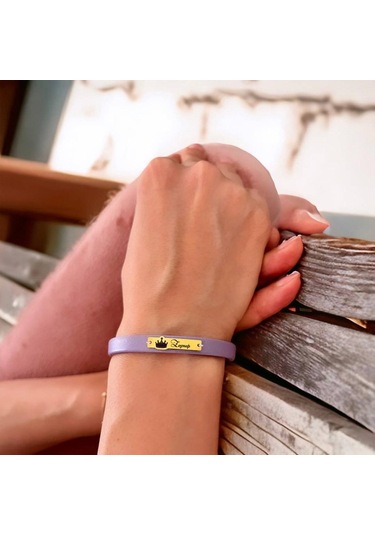 Archin Zeynep İsmine Özel Hakiki Mor Derili Taç Motifli 14 Ayar Altın Plakalı Hediye Bileklik-571isim Zeynep