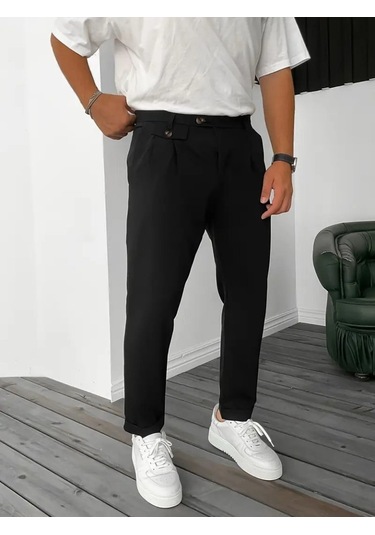 Erkek Belden Düğmeli Cepli Dokuma Pantolon Siyah