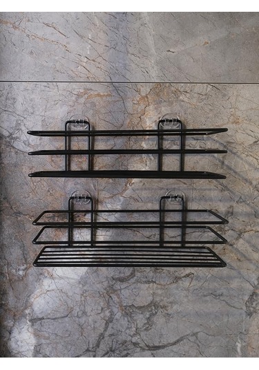 Banyo Yapışkanlı Siyah 2 Adet Tek Katlı Düz Şampuanlık Tş01, Delmeye Son, Matkap Vida Yok Siyah