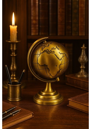 Ofis Ve Ev Dekoru İçin Metal Dünya Küresi Gold Masaüstü Süs, 13x9 Cm