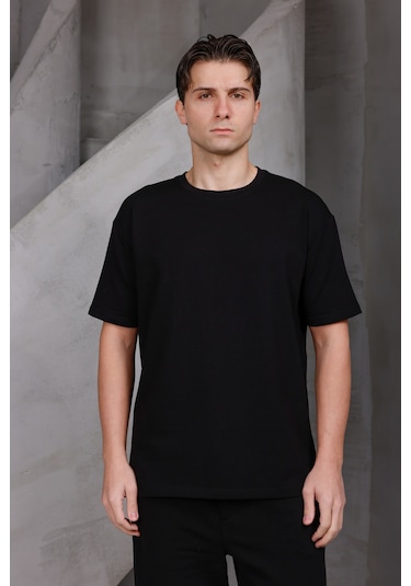 Erkek Basic Oversize Bisiklet Yaka 2 İki İplik Kompakt T-shirt Siyah