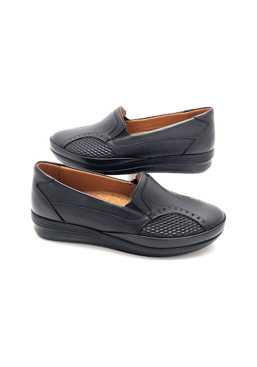 Derilax Hakiki Deri Tam Ortopedik Kadın Anne Ayakkabısı Siyah - Siyah