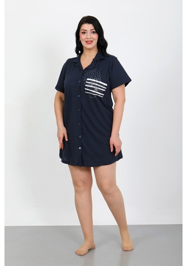 Akbeniz Büyük Beden Penye Düğmeli Lacivert Tunik Gecelik 1025 Lacivert