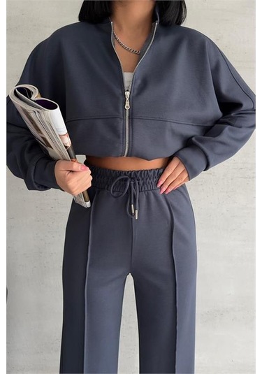 Neşeli Butik Kadın Likralı Yazlık Kumaş Çımalı Eşofman Takımı Nbg001 Antrasit