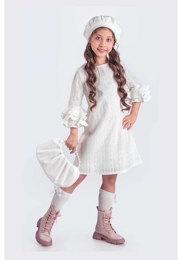 Beyaz Valon Kesim Şapkalı-çantalı Elbise Beyaz