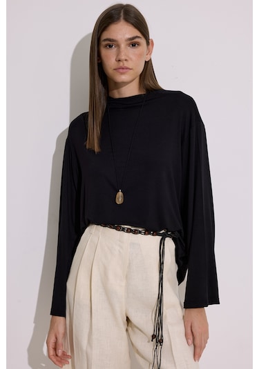 Dökümlü Uzun Kol Bluz Siyah Siyah