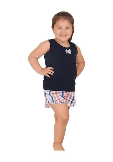 The Don Aile Lacivert Ekose Desenli Kız Çocuk Şort Takımı (9-14 Y