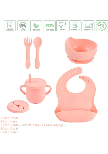 Jojobebek Silikon Vakumlu Kase, Silikon Çatal-kaşık, Silikon Pipetli Bardak, Çerez Kapağı, Önlük / Pembe