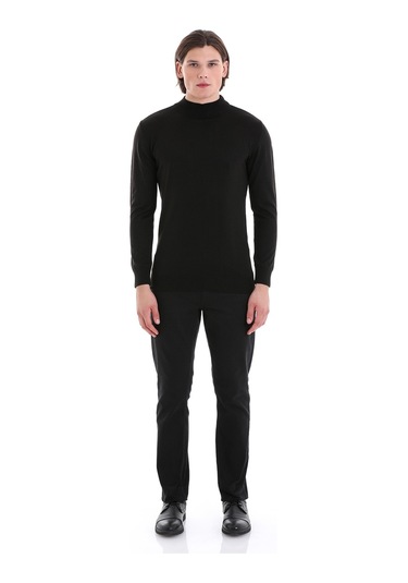 Hatemoğlu Siyah Regular Fit Düz Yarım Balıkçı Yaka Yünlü Triko Kazak Siyah