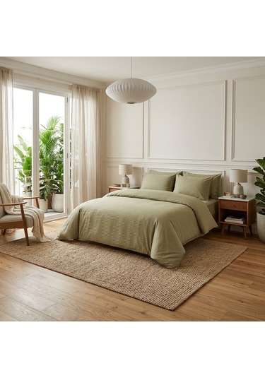 Goldroom Home Çizgili Pamuk Saten Çift Kişilik Nevresim Takımı Vizon