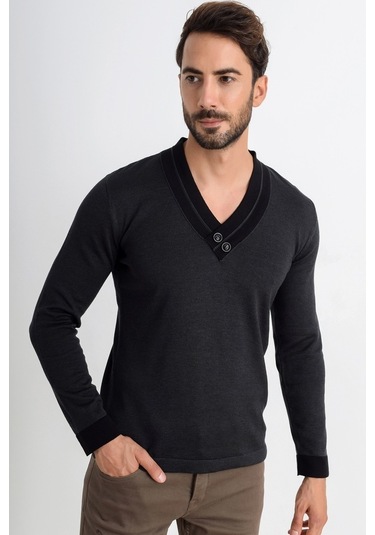 Heyss V Yaka Düğme Detaylı Erkek Triko Kazak (381033766) Antrasit