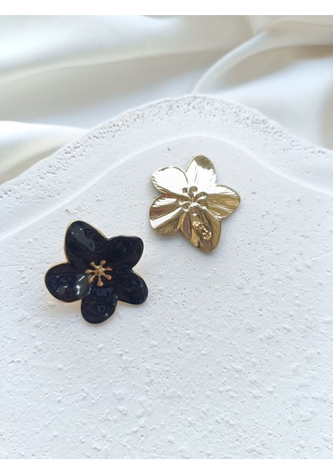 Siyah Çelik Çiçek Küpe Altın - Siyah