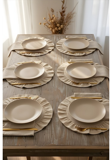 Pamuklu Fırfırlı Supla 6'lı Set Amerikan Servis 33 Cm Çap Supla 6'lı Bej