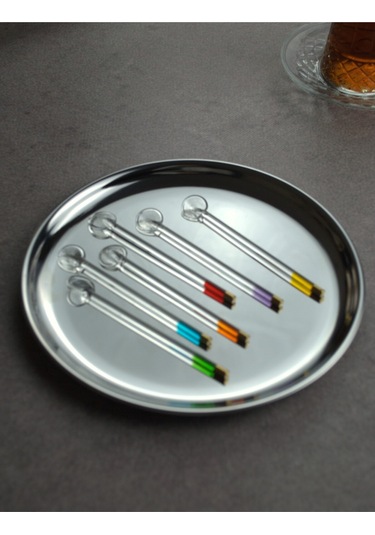 6'lı Cam Çay Kaşığı Renkli Gold Detaylı Sunumluk Kaşık Renkli