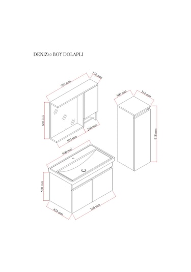 Karen Banyo Deniz 80 Cm Lavabolu, Aynalı Banyo Dolabı, Lavabo Dahil, Boy Dolabı Dahil, Beyaz