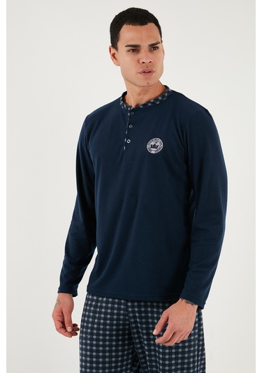 Buratti Ekoseli Yumuşak Dokulu Regular Fit Uzun Kollu Erkek Pijama Takımı 609611030 Lacivert-Gri