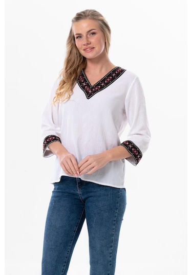 Truvakar Kol V Yaka Nakışlı Talya Şile Bezi Yazlık Bluz Beyaz Byz-beyaz Beyaz