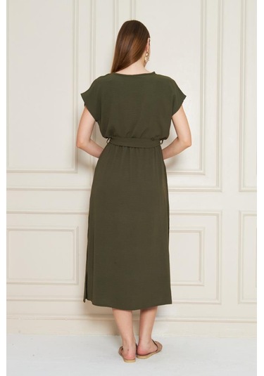 Kadın Kruvaze Yaka Cepli Derin Yırtmaçlı Beli Lastikli Aerobin Günlük Yazlık Elbise 3764341 Haki