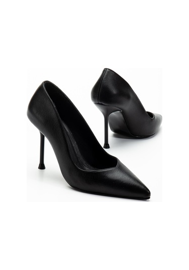 Suins Hakiki Deri Morgen Model Kadın İnce Topuklu Stiletto Ayakkabı Siyah