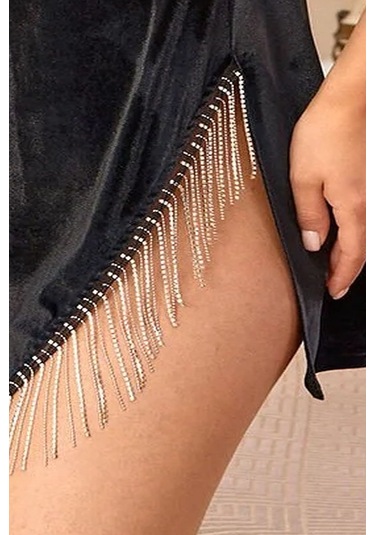 Cossy By Aqua 25033 Kadın Kadife Taş Askılı Yırtmaçlı Kruvaze Yaka Gecelik-siyah Siyah