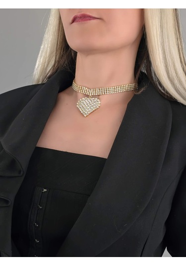 Sallantılı Kalp Model Rhinestone Choker Tasma Model Gold Renk Kolye Gold Çok Renkli