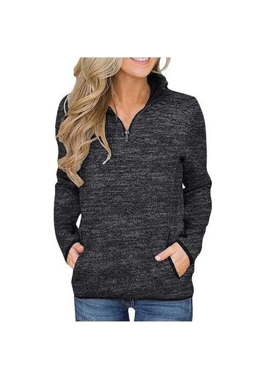 Novahub Sonbahar-kış Cep Kazak, Uzun Kollu, Standı Yaka Zip Kazak Kadın Üst Siyah Siyah