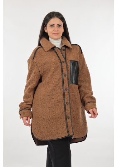 Ekol Düz Yaka Büyük Beden Cepli Camel Kadın Manto Camel