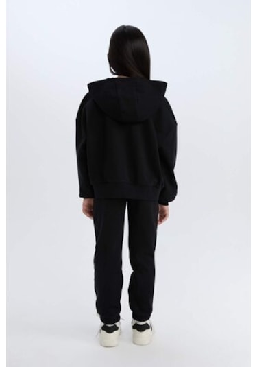 DeFacto Kız Çocuk 2'li Takım Kapüşonlu Baskılı Sweatshirt Beli Lastikli Jogger Alt D2219A824WNBK81 Siyah