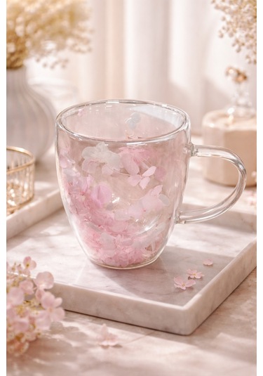 Makri Home Pembe Beyaz Çiçekli Çift Cidarlı Cam Kupa, 350 Ml, 11 Cm X 8 Cm Çok Renkli