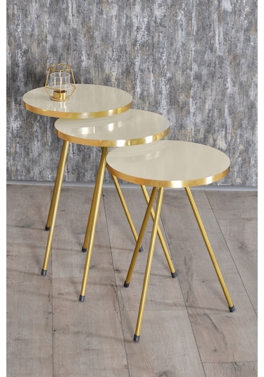 Zigon Sehpa 3'Lü Gold Metal Ayak Krem Gold