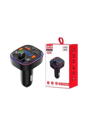Q5 3.1a Usb + Pd Bluetooth Araç Şarj Cihazı Araba Fm Verici Renkli Aydınlatma
